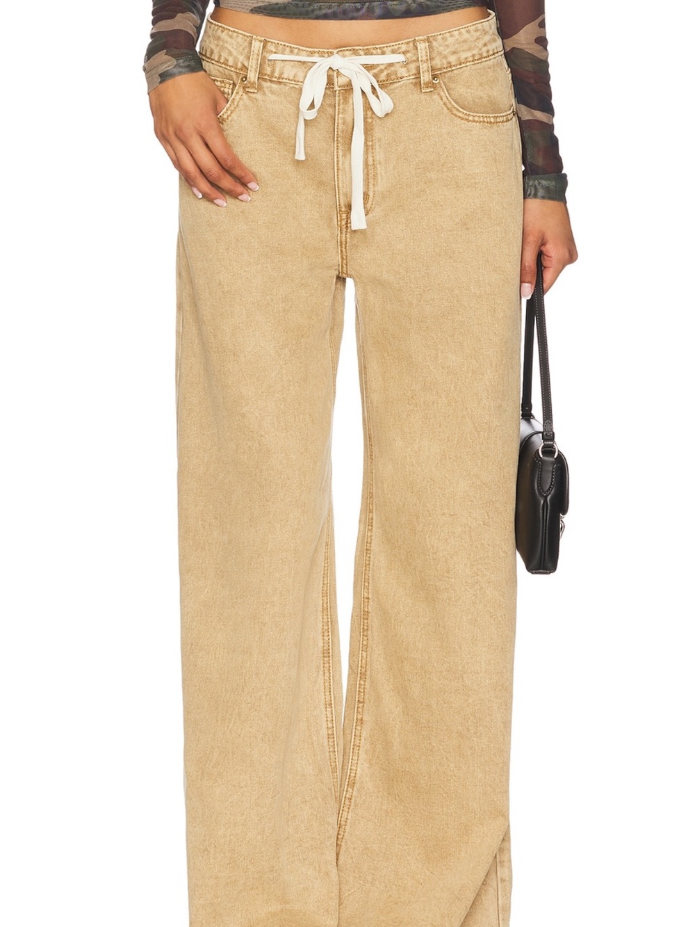 Lioness Wide-Leg Drawstring Jeans in Tan